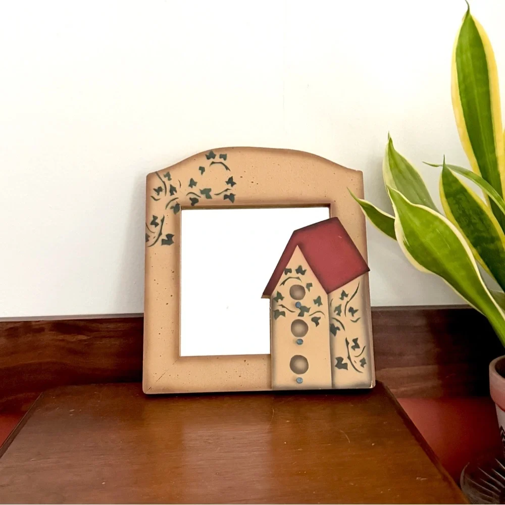 Vintage Bird House Mirror Bird Feeder Ivy Painted Wall Hanging Cottagecore Boho